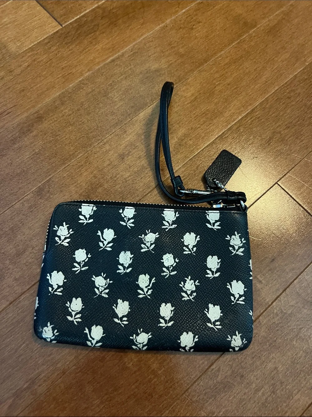 COACH Black Floral Wristlet Pouch with White Rose Print